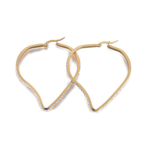 304 Stainless Steel Hoop Earrings Clay Rhinestone Heart Crystal Gold 2" P570