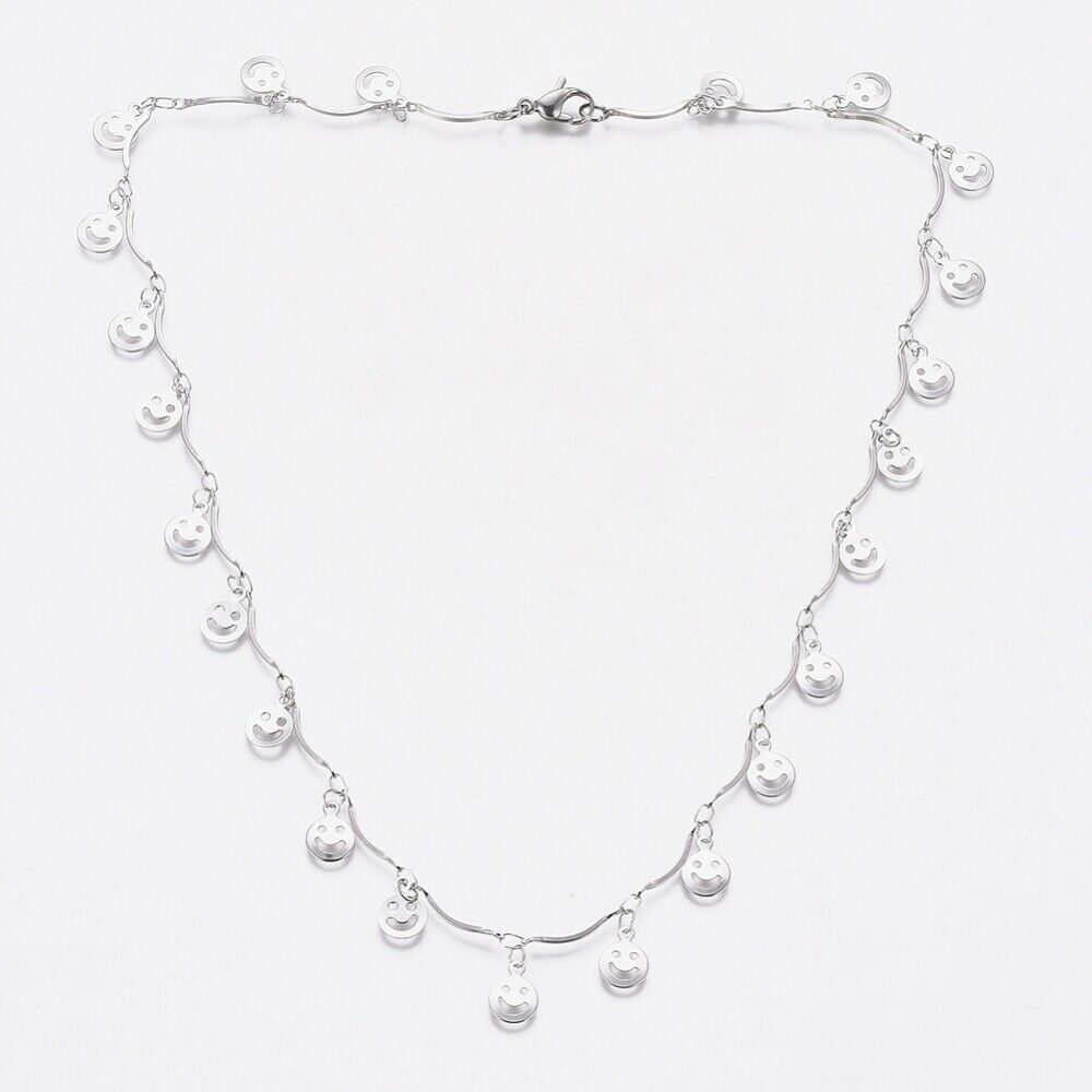 Stainless Steel Happy Smile Charm Necklace Necklace Lobster Silver 17.5" Z471