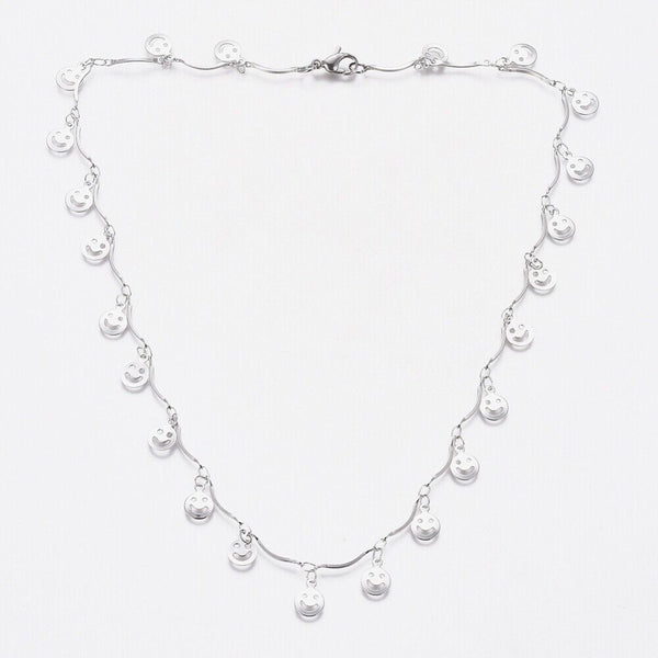 Stainless Steel Happy Smile Charm Necklace Necklace Lobster Silver 17.5" Z471