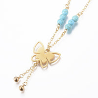 Stainless Steel Set Necklace Earrings Turquoise Butterfly Gold 20.4" P687