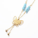 Stainless Steel Set Necklace Earrings Turquoise Butterfly Gold 20.4" P687