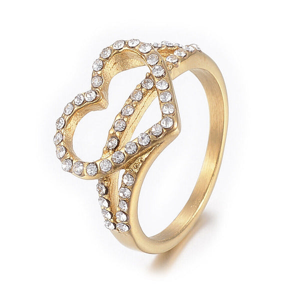 304 Stainless Steel Rhinestone Finger Rings Heart Gold Size 6~9 16~19mm Z701