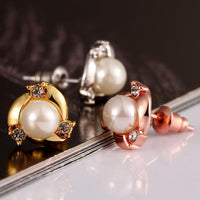 Rose Gold Platinum Plated  Earrings Stud Pearl AAA Zirconia Push Back .4" L260