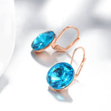 Rose Gold  Blue Earrings Dangle Drop Lever Back AAA Zirconia .56" L175