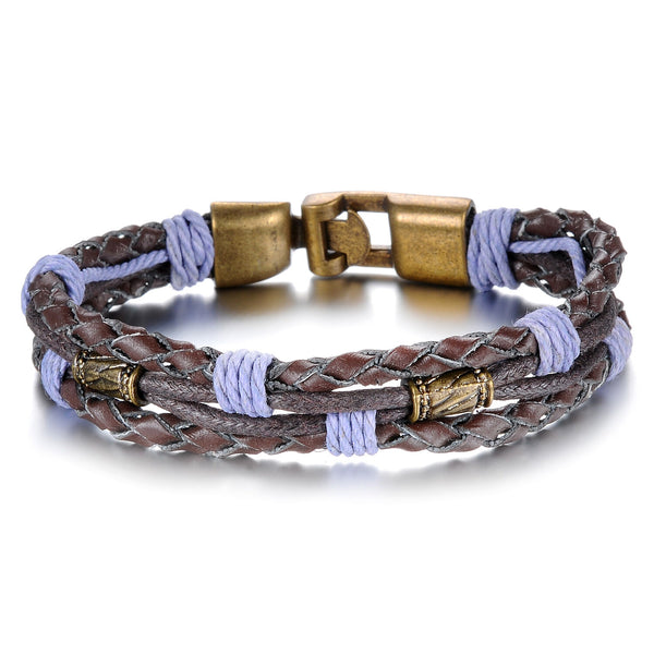 Genuine Cow Leather Bracelet Brown Purple  Unisex  Hook Clasp  G329