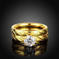 Stainless Steel Bridal Engagement Set Ring Yellow Gold AAA Zirconia Women B441