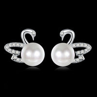 Platinum Plated Earrings Swan Stud AAA Zirconia Push Back Clasp L674