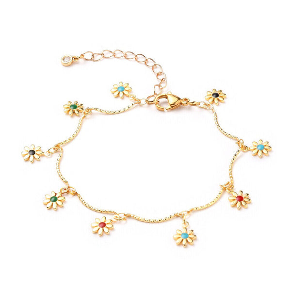 Enamel Charm Anklet Bracelet Chain Stainless Steel Lobster Flower Gold 9.6" Z16