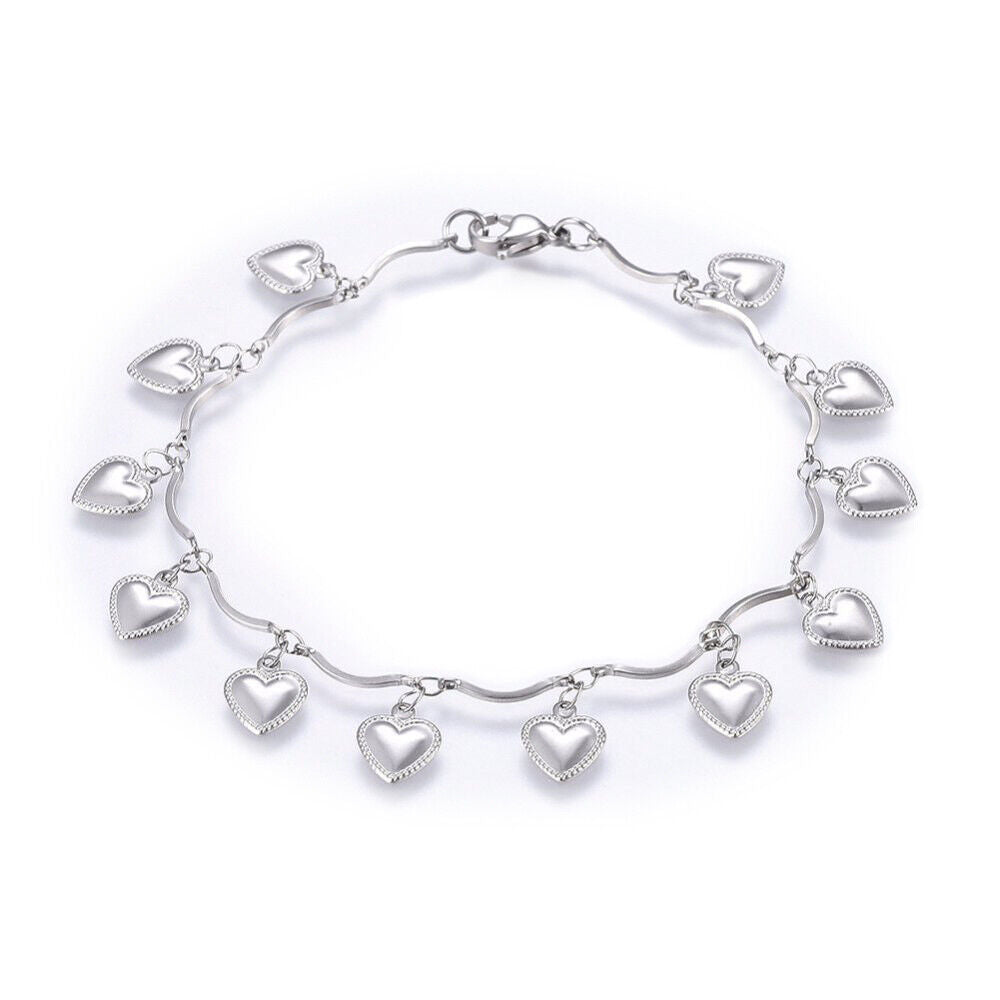 304 Stainless Steel Charm Bracelet Lobster Heart Silver Color 8.2" 2.5mm  A66