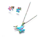 Stainless Steel Set Stud Earring Pendant Necklace Bird Flower 17.7" 0.8mm P490