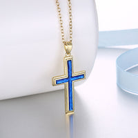 Yellow Gold Plated Necklace Women's Pendant Cross Blue Opal Lobster Clasp B180