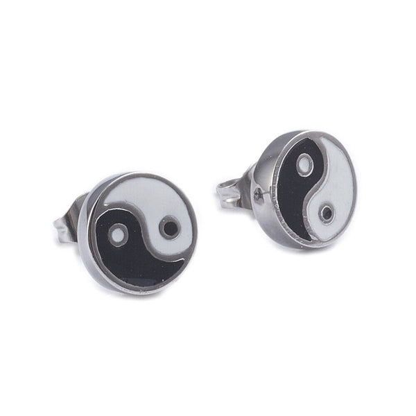 Stud Earrings Finding Silver Plated Round Yin Yang Black  9.7mm, Pin: 0.6mm P316