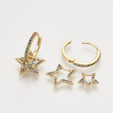 Brass Cubic Zirconia Dangle Hoop Earrings Star Colorful Gold 25mm Pin 1mm  P631