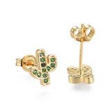 Pave Cubic Zirconia Stud Earrings Cactus Gold Green 9x7.5x1.7mm Pin 0.7mm P342