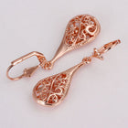 Rose Gold Filigree Teardrop Lever Back Drop Dangle Earrings L130
