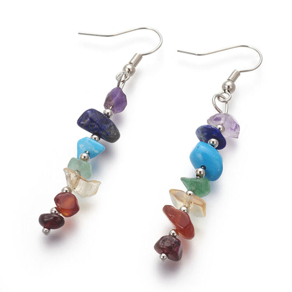 Natural Mixed Stone Dangle Earrings Earring Hooks 58~60mm  0.7mm P141