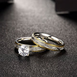 Stainless Steel Bridal Engagement Set Ring Gold Plated Rhinestone Women B442