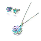 Stainless Steel Set Stud Earring Pendant Necklace Flower 17.7" Pin 0.8mm P489