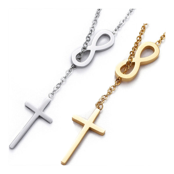 Stainless Steel Chain Lariat Necklace Lobster Infinity Cross Gold 17" 1mm A215