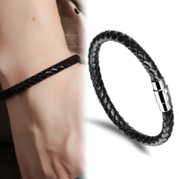 Stainless Steel Genuine Leather Bracelet Black Silver Mens Unisex G342