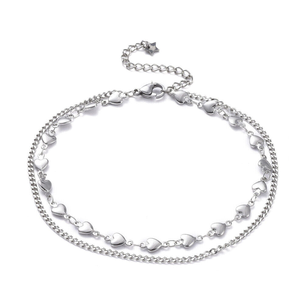 304 Stainless Steel Multi-Strand Anklet Bracelet Lobster Heart Silver 9.2" Z9