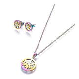 Stainless Steel Set Stud Earring Pendant Necklace  Flower 17.7" Pin 0.8mm P480