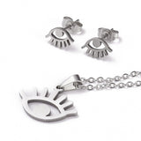 Stainless Steel Set Pendant Necklace Stud Earrings Lobster Eye Silver 17" A461