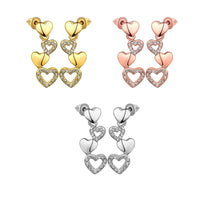 Rose Gold Plated Earrings Dangle AAA Zirconia Push Back Hearts .4" L261