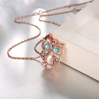 Rose Gold Plated Necklace Pendant Owl Zirconia Blue 19 Inches 1MM Lobster B155