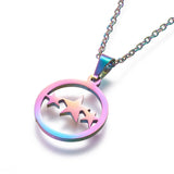 Stainless Steel Set Stud Earring Pendant Necklace Flat Round Star 17.7" Pin 0.8m