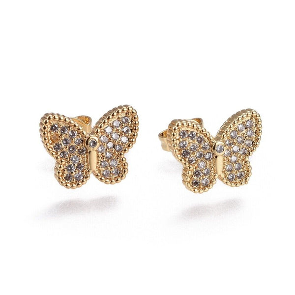 Brass Micro Pave Cubic Zirconia Stud Earrings Butterfly Gold Clear P606