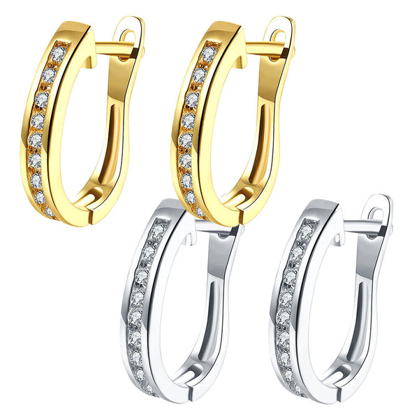 Gold Platinum Plated  Earrings Huggie Hoop AAA Zirconia Leverback .12" L207