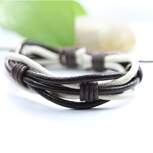 Genuine Leather Bracelet Men's  Unisex Braided Wrap Tribal Brown White H163