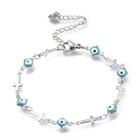 Stainless Steel Bracelet Enamel Lobster Evil Eye Cross Silver Turquoise 7" Z191