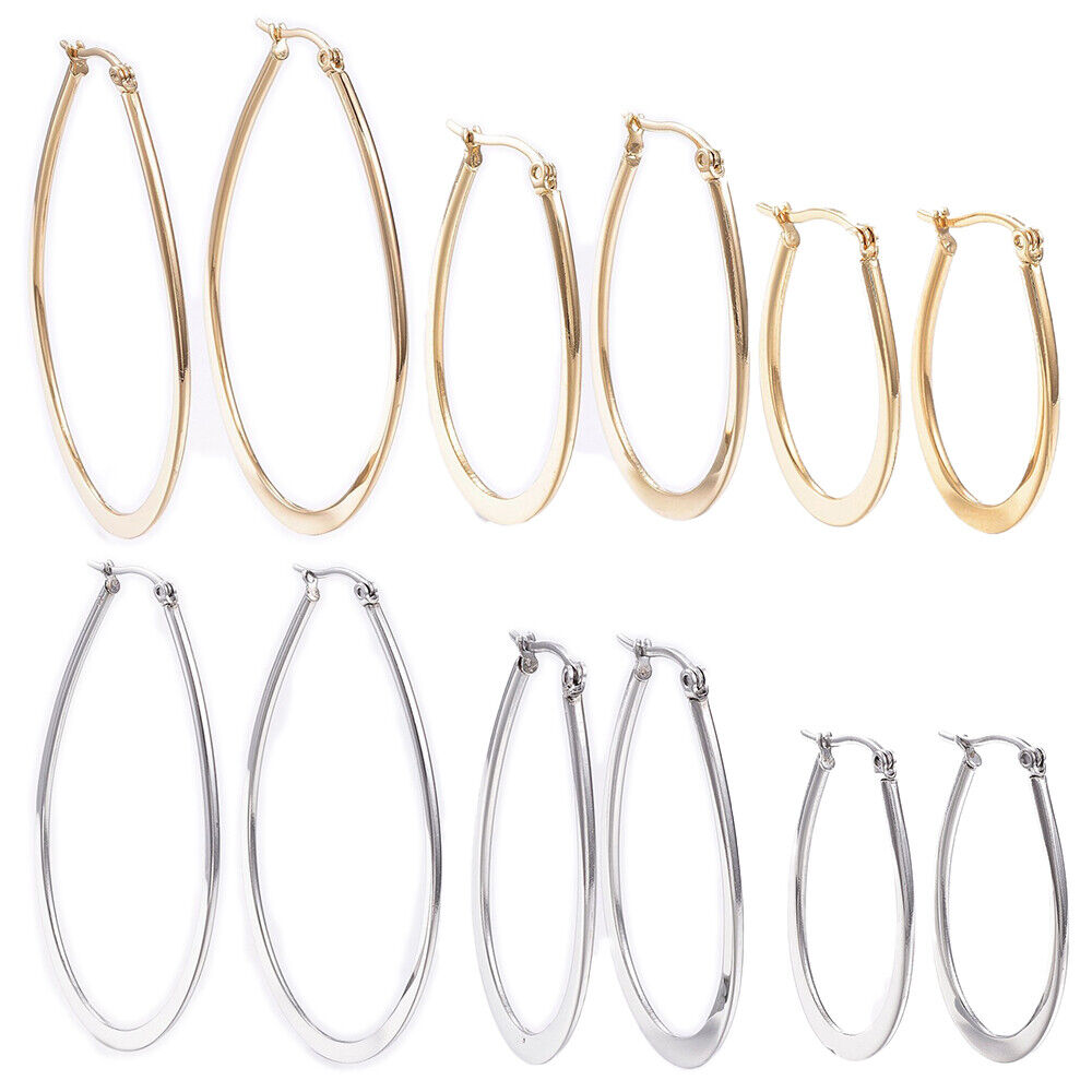 Stainless Steel Hoop Earrings Yellow Gold Silver 1.2" to 2.4" Pin 0.7x1mm  P563