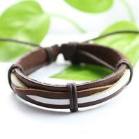 Genuine Leather Bracelet Men's Unisex Wrap Tribal Brown White Adjust 7-9 In H150