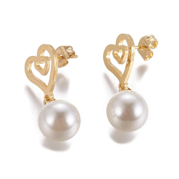 Stainless Steel Dangle Stud Earrings Pearl Heart Gold 28.5mm 0.8mm Z316