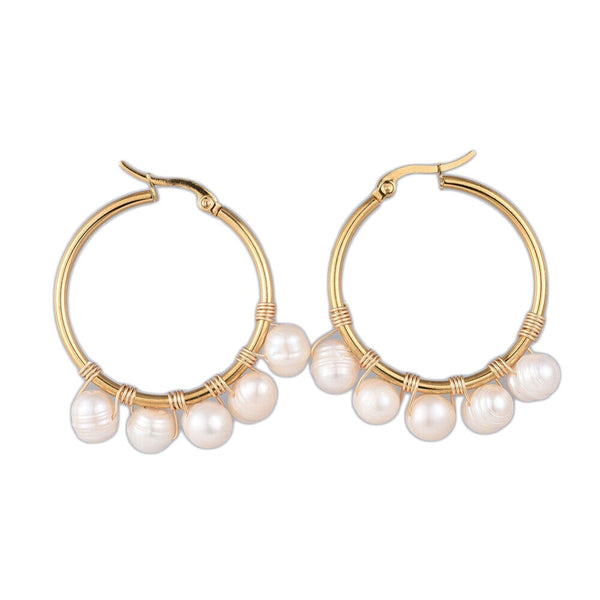 Hoop Earrings Natural Pearl Gold Plated Stainless Steel Hoop Gold White P364