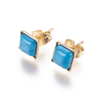 Gold Tone Stainless Steel Stud Earrings Turquoise Square Blue Z315
