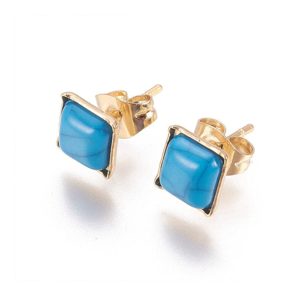 Gold Tone Stainless Steel Stud Earrings Turquoise Square Blue Z315