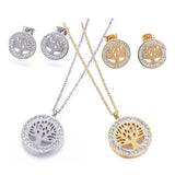 Stainless Steel Set Pendant Necklace Earrings Clay Tree of Life Gold 17" Z755