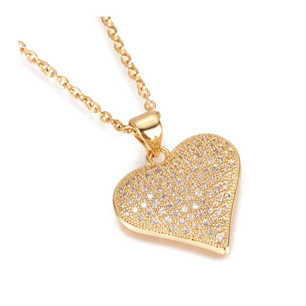 Stainless Steel Pendant Necklace Cubic Zirconia Pendants Heart Gold 17" Z442