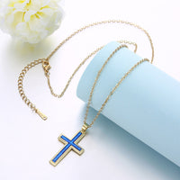 Yellow Gold Plated Necklace Women's Pendant Cross Blue Opal Lobster Clasp B180