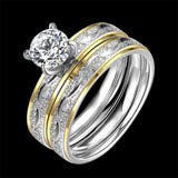 Stainless Steel Bridal Engagement Set Ring Gold Plated Rhinestone Women B442