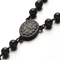 Stainless Steel Rosary Bead Necklace Cross Pendant Black 23.6"(60cm) 4mm P41