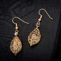 Dangle Earrings Glass Beads Leaf Clear Gold Fish Hook 46x14mm P137