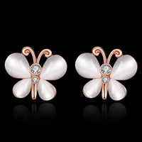 Rose Gold Plated White Earrings Stud Czech Push Back Butterfly 0.52" L187