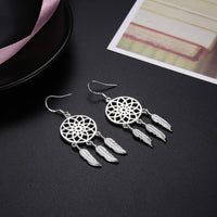 Silver Plated Dangle Earrings Wind Dream Feathers Catcher Fish Hook 56x20mm P129