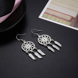 Silver Plated Dangle Earrings Wind Dream Feathers Catcher Fish Hook 56x20mm P129