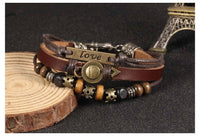 Genuine Leather Hemp Wood Bracelet Brown Yellow Luchy Charm Wood Alloy G369